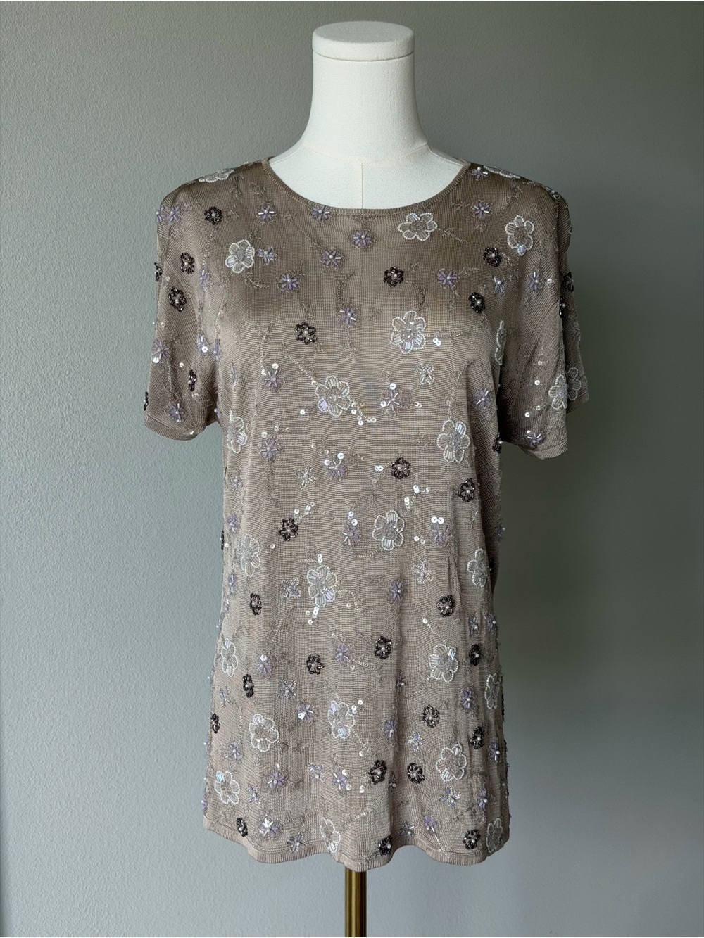 Vintage Oscar de la Renta Beaded Floral Knit Blouse Top Taupe Lavender - L